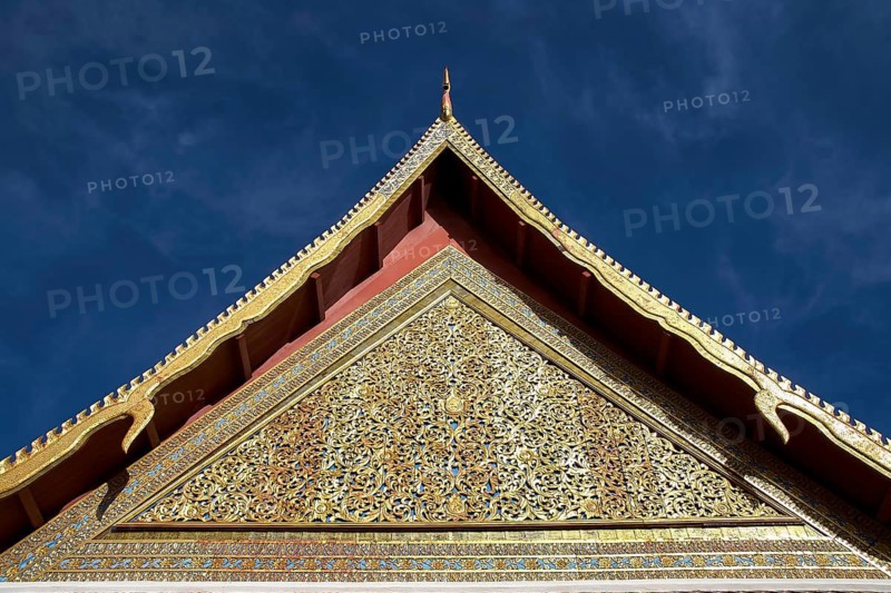 Close-up of a richly decorated temple roof with golden elements, Loro Parque, Puerto de la Cruz, Tenerife, Canary Islands, Spain