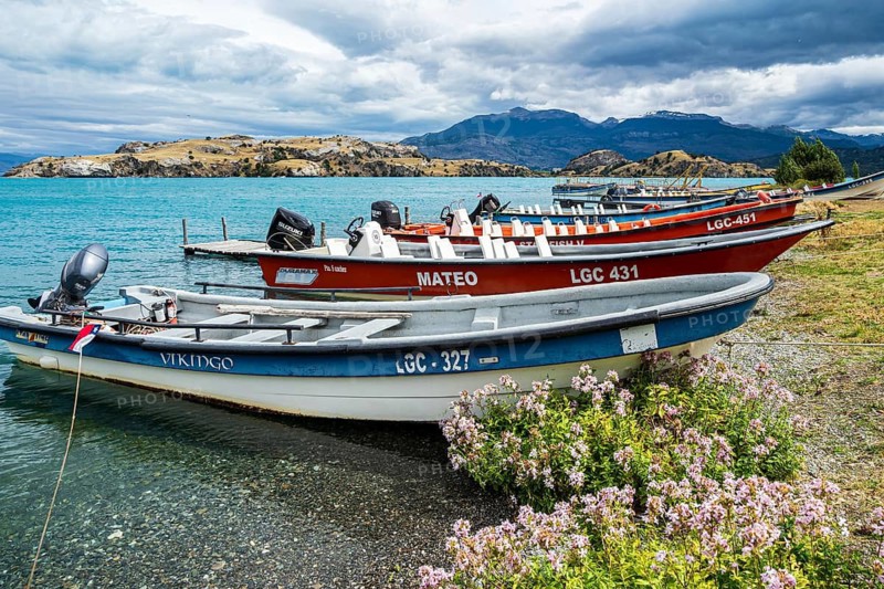 Excursion boats used to explore the marble caves, Puerto Sanchez, lake Lago General Carrera, Chile