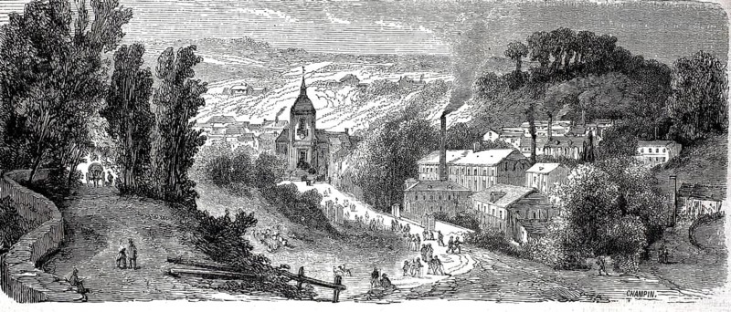 Picture shows the French town of Bolbec in Normandy during the 19th century. The factory buildings with the smoking chimney on the right side of the picture represent the modern spinning and printing plants of the time, which settled along the Bolbec River. In the background, the distinctive tower of the Saint-Michel de Bolbec church stands out, illustration, reproduction of a model from the 19th century. Authentic, file restored for optimal use, exact date of submission unknown, historical