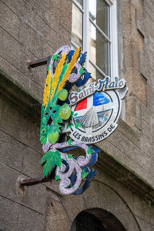 Tavern sign, nose sign at a brewery tavern in the old town of Saint Malo, Ille-et-Vilaine department, Brittany, France