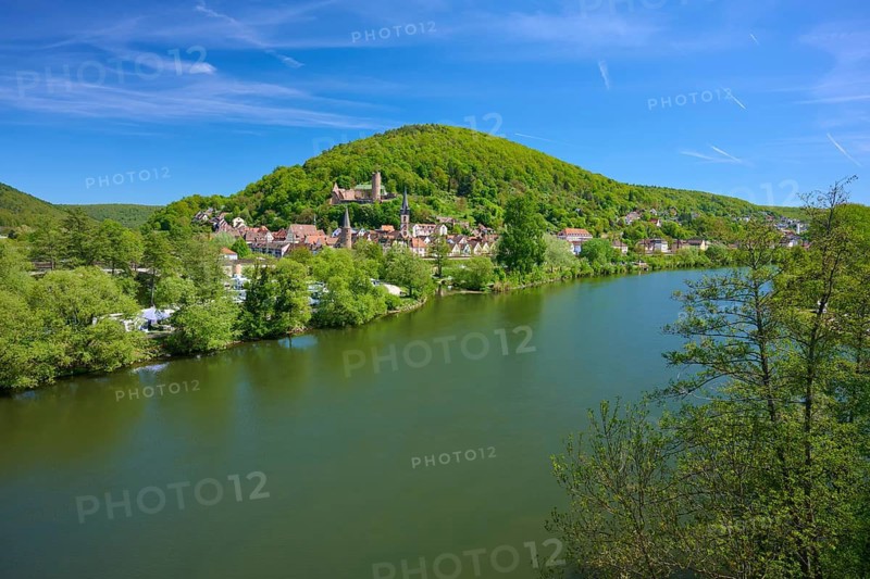 City on the river with a wooded hill surrounded by lush nature and clear skies, Main, Gemünden am Main, Main-Spessart district, Spessart, Mainfranken, Lower Franconia, Bavaria, Germany
