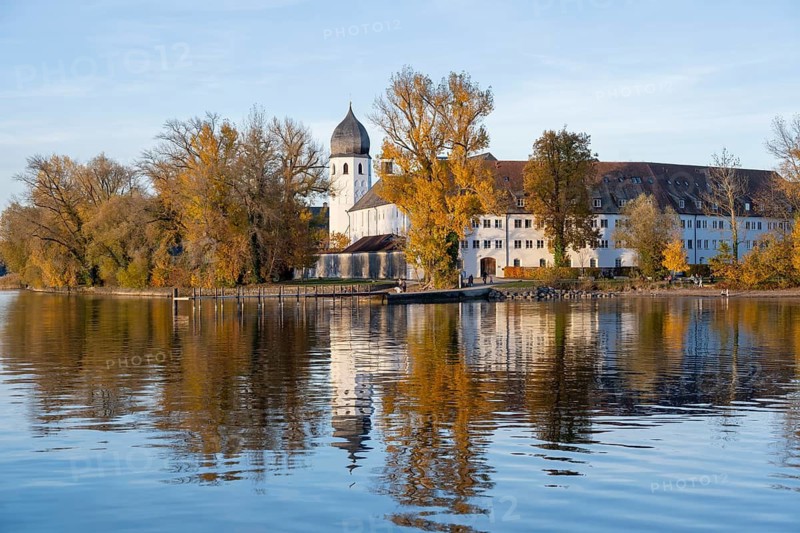 View of Frauenwörth Abbey, Fraueninsel, Chiemsee, Upper Bavaria, Bavaria, Germany