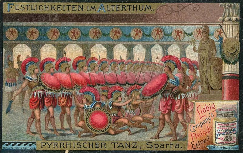 Picture series Festivals in Antiquity, Pyrrhic Dance, an ancient war dance from Sparta that served as an exercise for combat, favorite painting, digitally restored reproduction of a collector's painting from around 1900, exact date unknown