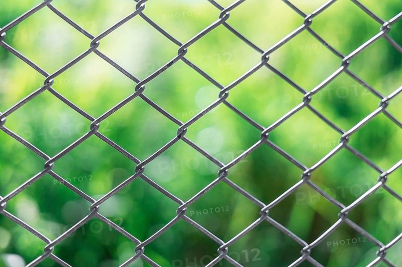 Close-up of a chain-link fence with a blurred green background. The texture of the metal is visible, creating a contrast with the soft foliage behind it