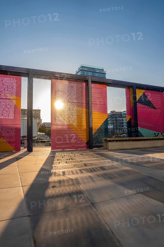 Artistic installation in a city with sunlight shining through, Dublin, Ireland