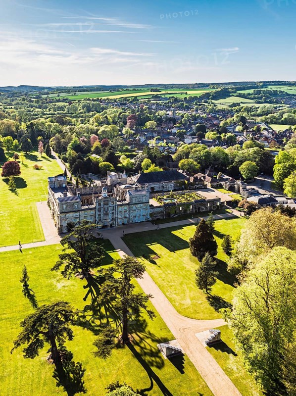 Wilton House from a drone, Wilton, River Nadder, Salisbury, Wiltshire, England, United Kingdom