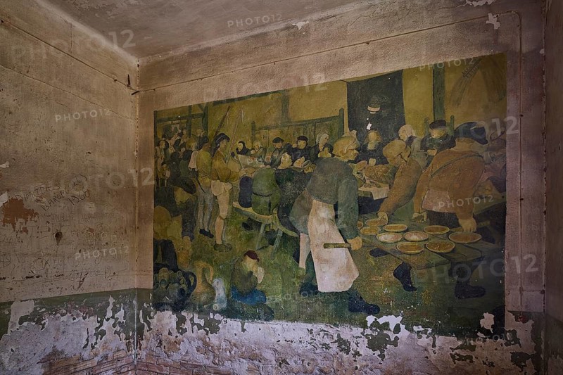 Old wall painting in a dilapidated room showing a group of people eating, Lost Place, Tourtouras Mountain, WW2, World War II, German Coast Battery PL 388, Marine Artillerists, Diapori, Xirokambos, Leros, Dodecanese, Greek Islands, Greece