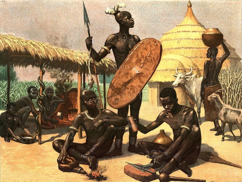 Scene in an African village, often identified as a depiction of the Azande culture in Central Africa, various aspects of daily life, including men with spears and shields and a person carrying water in a clay jug, school picture, illustration, reproduction from a 19th-century model. School picture, mural, authentic, file restored for optimal use, exact date of original unknown, historical