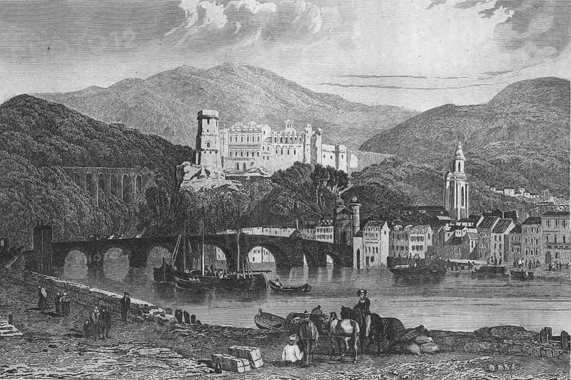 View of Heidelberg with the castle and the Neckar, around 1880, Germany, illustration, reproduction from a model from the 19th century. Authentic, file restored for optimal use, exact date of submission unknown, historical
