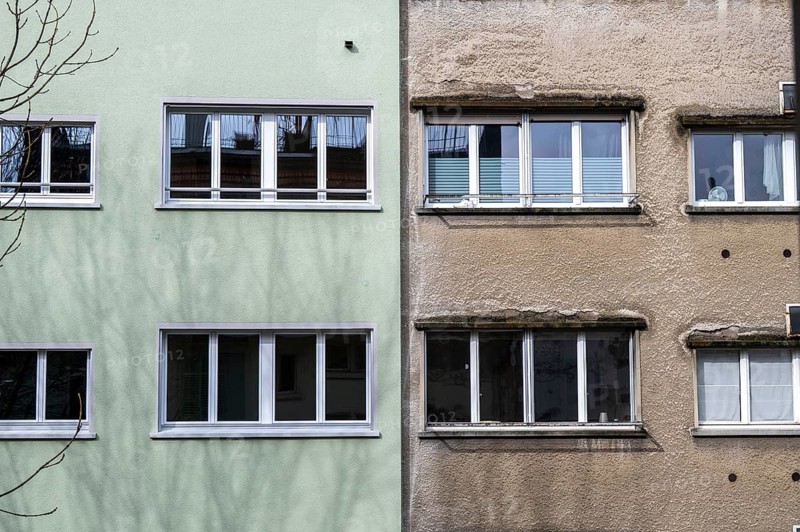 Windows, gray house facades, a house is renovated, renovation, modernization, contrast, difference, old new, Zürich, Switzerland