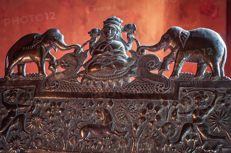 Goddess of prosperity and wealth, Lakshmi flanked by elephants, detail of a silver-plated, richly decorated chair, Chapslee Hotel, former summer residence of Raja of Kapurthal, Elysium Hill, Lakkar Bazar, Shimla, Himachal Pradesh, North India, India