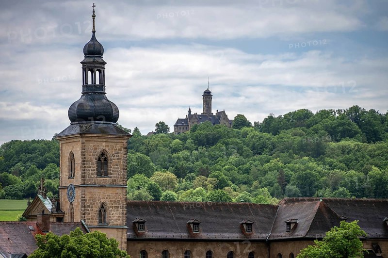 Church tower of St. Jakob church, behind Altenburg, Michaelsberg, Upper Franconia, Bavaria, Germany