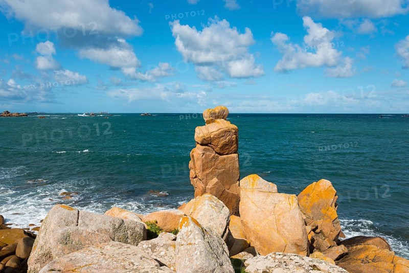 Rocky coast with blue sky and clouds over the sea, natural landscape, Plage de Pors Scaff, Plougrescant, Côtes-d'Armor, English Channel, Brittany, France