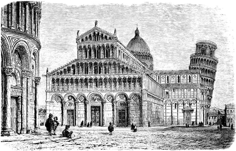 Cathedral in Pisa, leaning tower, Italy, church construction in the Christian Middle Ages, 9th to 15th century, historical illustration 1880