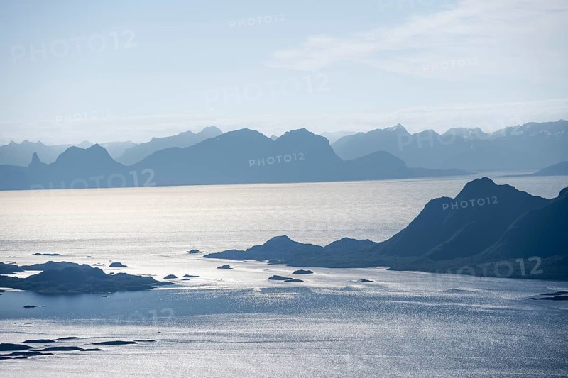 Mountain peak and fjord Austensfjorden, fjord landscape and sea, view from the summit of Rundfjellet, Nordland, Norway