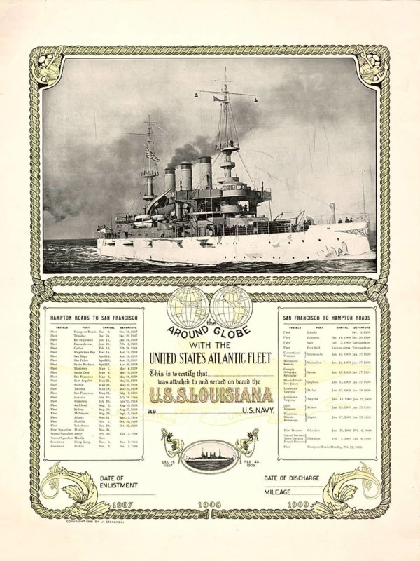 Historic memorial certificate and the World with the United States Atlantic Fleet for a sailor who served on the unit liner USS Louisian, BB-19. It documents the worldwide voyage of the Great White Fleet under President Theodore Roosevelt from 1907 to 1909. The USS Louisiana was a Connecticut-class battleship that was put into service in June 1906, American history, authentic, digitally restored reproduction from a 19th century original, exact date of depiction unknown, historical