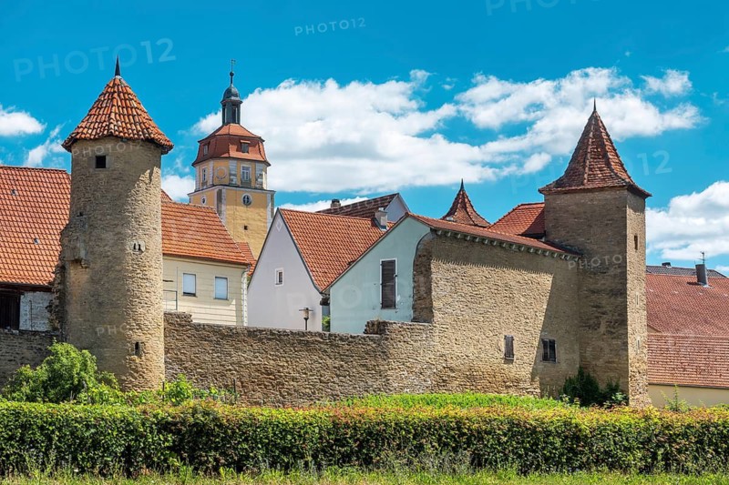 The city wall with defensive towers, Mainbernheim, Lower Franconia, Mainfranken, Bavaria, Germany