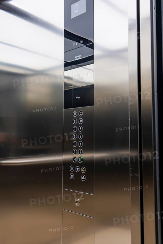 Metal lift with buttons and mirror inside, Boarding House des Klinikverbund Südwest, Böblingen, Germany