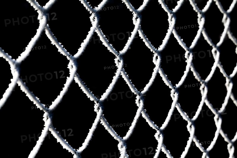 A chain-link fence with hoarfrost