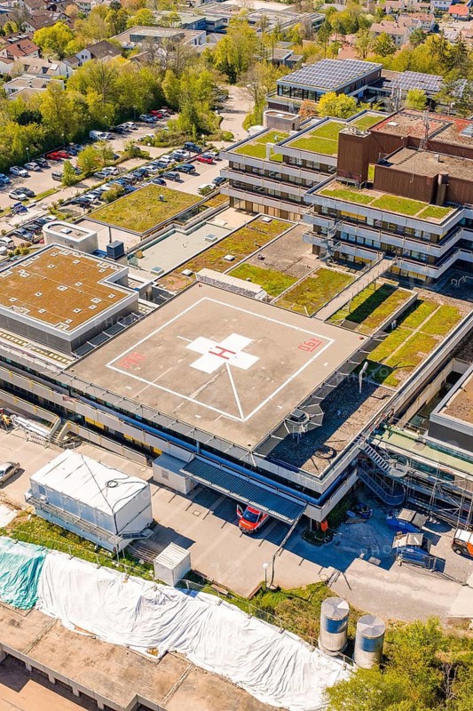 Detailed view of a hospital with a distinctive helicopter landing pad on the roof, Nagold Hospital of the Southwest Clinic Network, Calw district, Germany