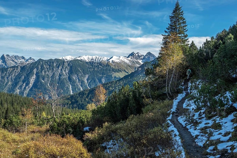 Hiking trail around the pulpit in autumn vegetation, in the back mountains of the Allgäu Alps, Allgäu, Vorarlberg, Austria