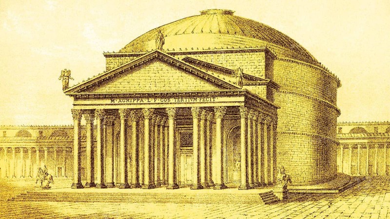 Dome of the Panrtheon, rotunda, ancient Rome, columns, statues, equestrian statue, stairs, steps, today Roman Catholic Church, Italy, coloured historical illustration from 1882