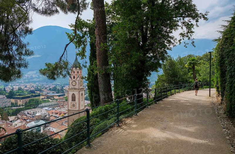 Merano, South Tyrol, Italy, view from the Tappeinerweg towards the historic old town centre with St. Nicholas church tower