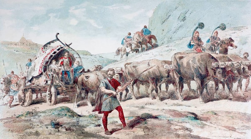 Nervian cart drawn by oxen. After a watercolour by A. Heins. From Cortege Historique Des Moyens De Transport. Published in Brussels, 1886, digital reproduction of a historical model