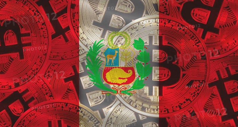 Bitcoins on Peru flag background. Golden bitcoin coins on Peru flag background