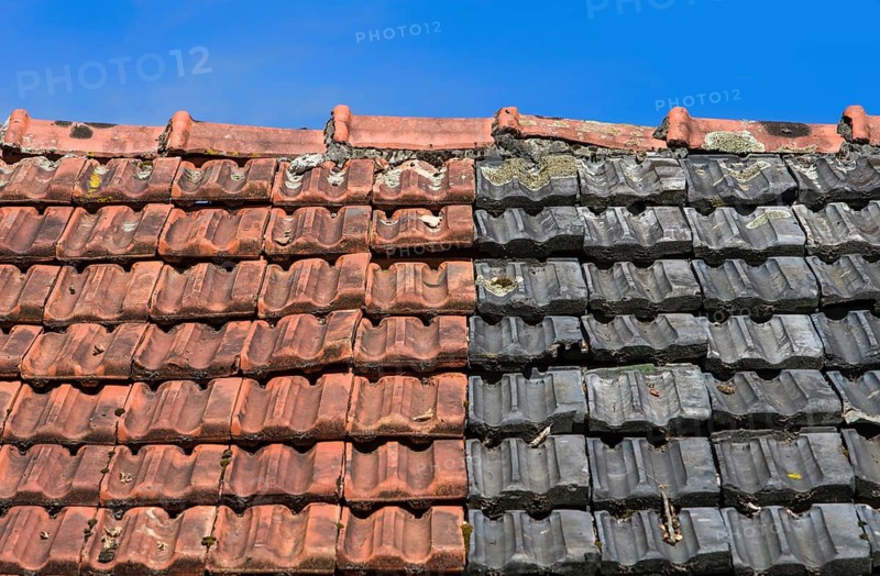 Old roof covered with red and black tiles, Germany