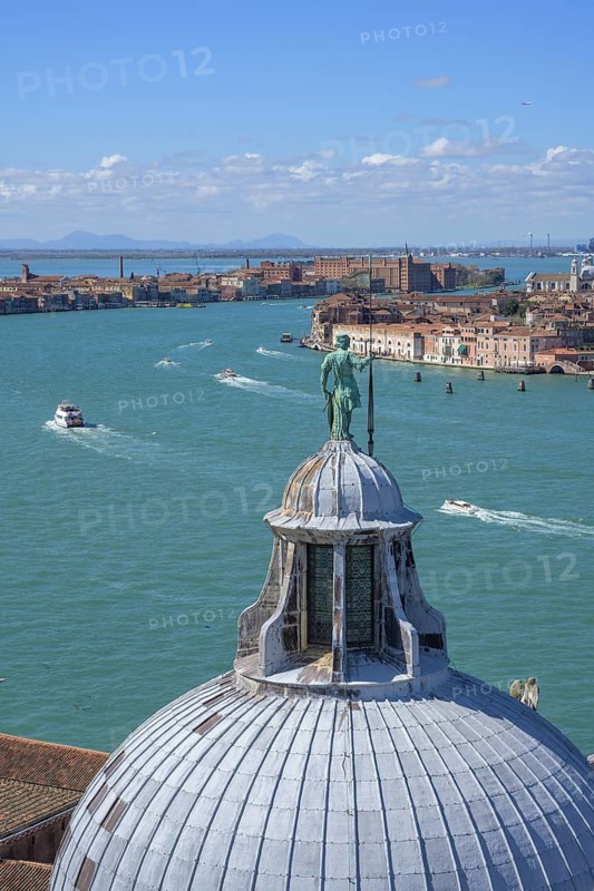 View from the tower of the San Giorgio Maggiore church in the background the Hilton Hotel, Venice, Metropolitan City of Venice, Italy