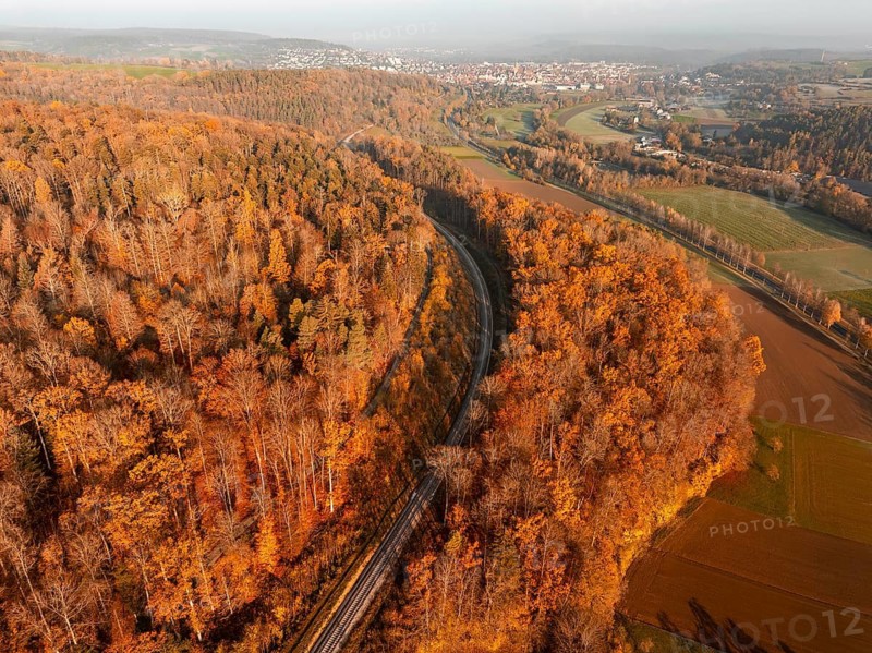 Autumnal aerial view of a forest, crossed by tracks and with a town on the horizon, Hermann Hesse Bahn, Weil der Stadt. Germany