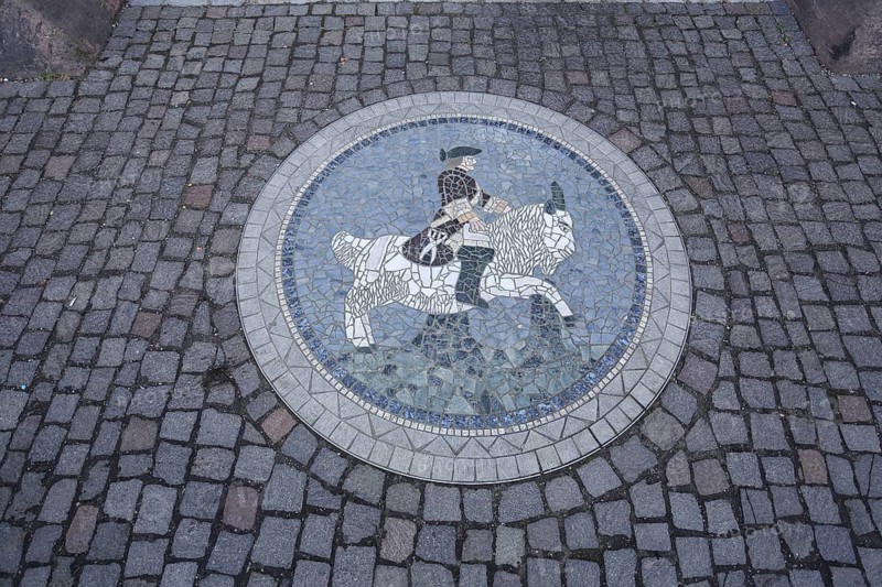 Round floor mosaic with rider on a bull, nobleman in historic clothing, handicrafts, museum, knights' house, Offenburg, Ortenau, Baden-Württemberg, Germany