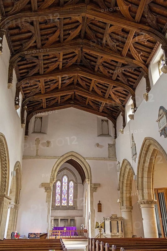 Nave, wooden ceiling, window, interior view, St Mary's Church, Bibury, The Cotswolds, England, Great Britain