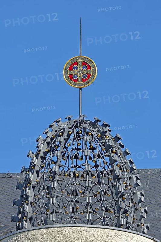 Bell cage with decorations, wrought iron work, arts and crafts, detail, metal grid, grid, medallion, initials, detail, cut-out, inscription, St Mauritius Church, Benedictine Abbey, Abbey, Tholey, Saarland, Germany