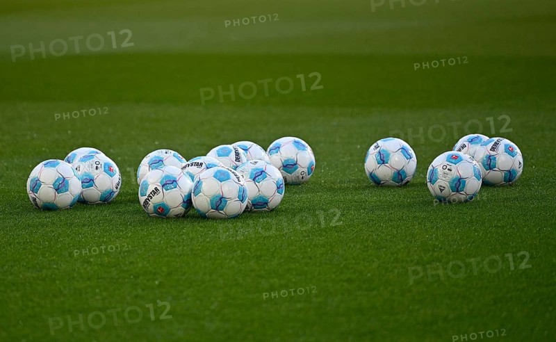 Adidas Derbystar match balls on the pitch, WWK Arena, Augsburg, Bavaria, Germany