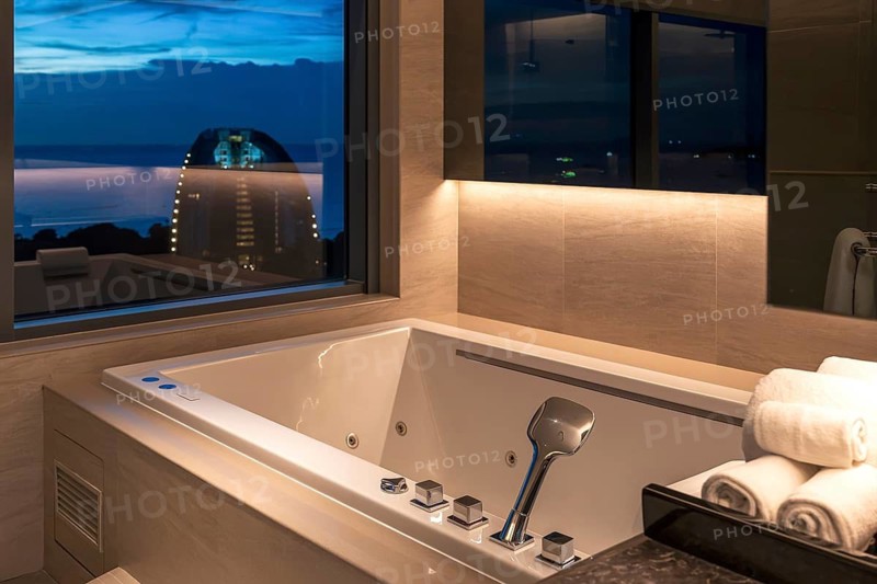 Hotel bathroom hot tub with view, Pattaya, Thailand
