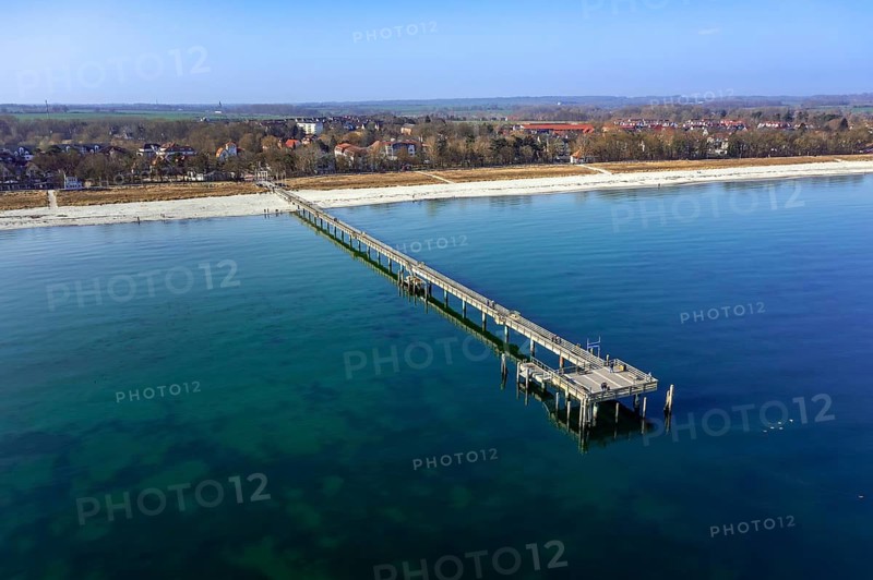 Aerial view over pleasure pier at seaside resort Boltenhagen along the Baltic Sea, Mecklenburg-Vorpommern, Germany