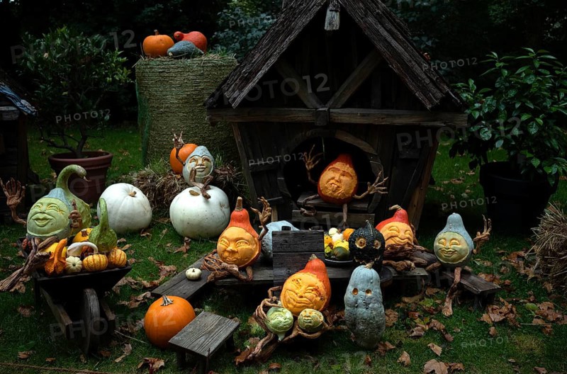 Carved pumpkins, figures, inn, ornamental pumpkins, pumpkin exhibition, pumpkins, Blühendes Barock, Ludwigsburg, Baden-Württemberg, Germany