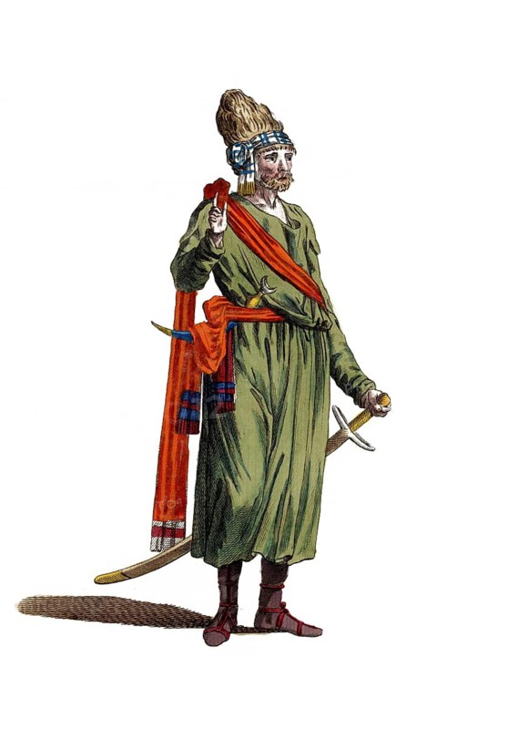 Historical clothing, fashion over time, clothing style of an Arab in 1581, Arabia, digitally restored reproduction of an 18th/19th century model, exact date unknown, Oriental warrior with turban and sabre, in a green robe