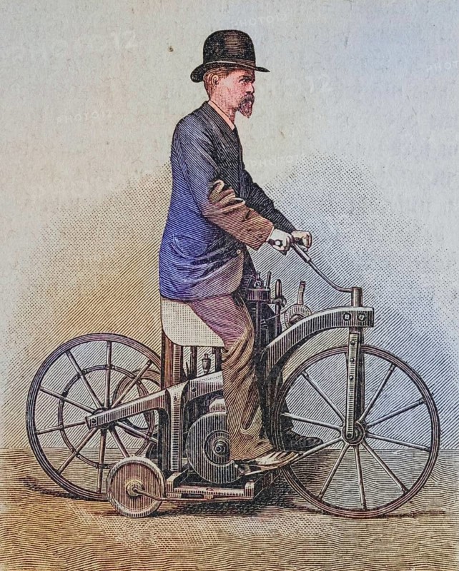 Seated bike with Daimler engine, coloured wood engraving, reproduction from a model from ca 1888, Historical, A man in historical clothing rides an early motorbike