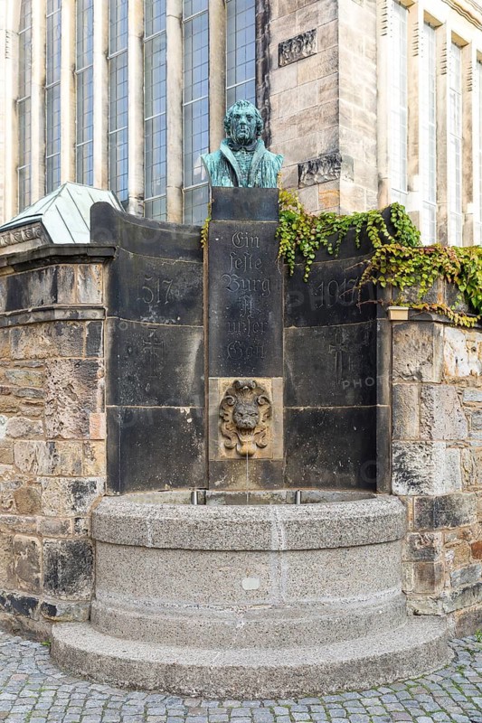 Luther Fountain at the cathedral in Freiberg, Saxony, Germany