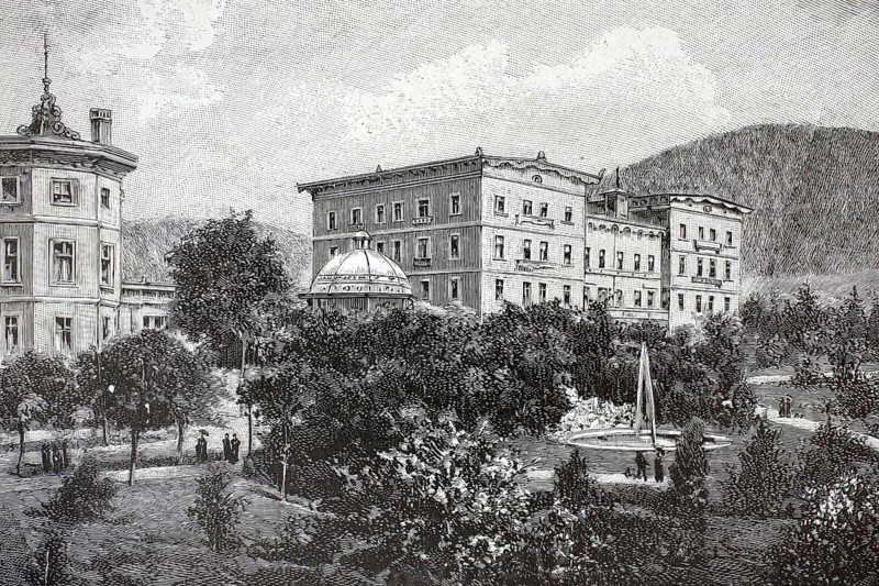 The former sanatorium of Dr. Hermann Römpler in the Lower Silesian spa town of Görbersdorf, today Sokolowsko in Poland. In the 19th century, Görbersdorf was considered the world's first specialized health resort for the treatment of tuberculosis and served, among other things, as a direct model for the famous Swiss health resort of Davos, illustration, reproduction from a model from the 19th century. Authentic, file restored for optimal use, exact date of submission unknown, historical