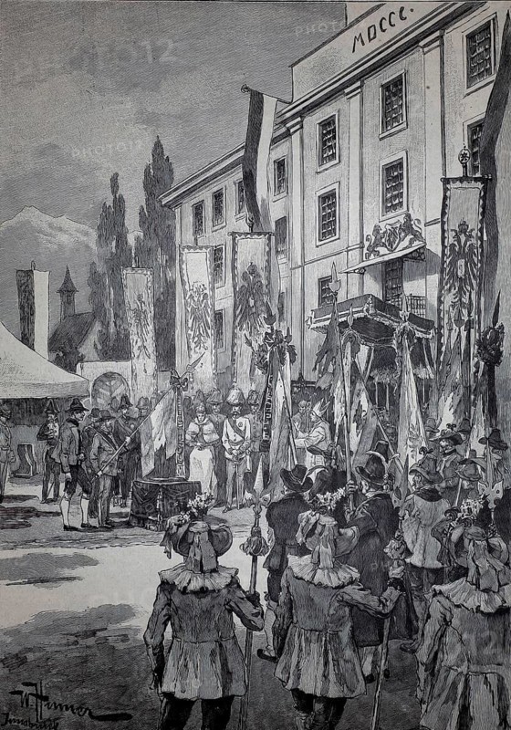 On the anniversary of the Tyrolean freedom struggles, the dedication of the flag in front of the barracks in Innsbruck, around 1895, Austria, illustration, reproduction from a model from the 19th century. Authentic, file restored for optimal use, exact date of submission unknown, historical, historic meeting in front of a large building, decorated with flags, people in traditional clothing