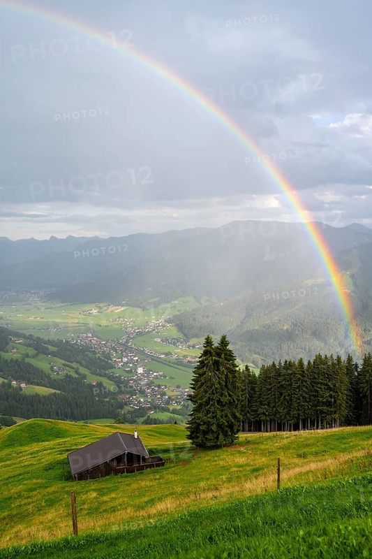 View over the Brixen Valley with rainbow, Hochbrixen, Brixen im Thale, Kitzbühel Alps, Tyrol, Austria
