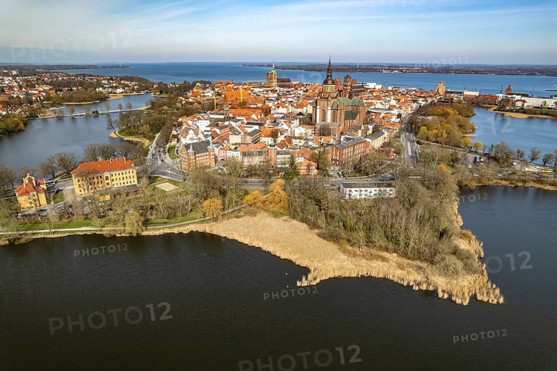 City view of Stralsund with St Mary's Church seen from the air, Mecklenburg-Vorpommern, Germany