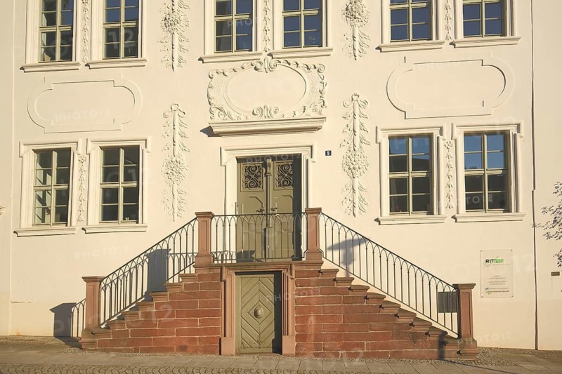Bright villa with staircase and stucco decorations, ornaments, market square, Sangerhausen, Harz, Saxony-Anhalt, Germany