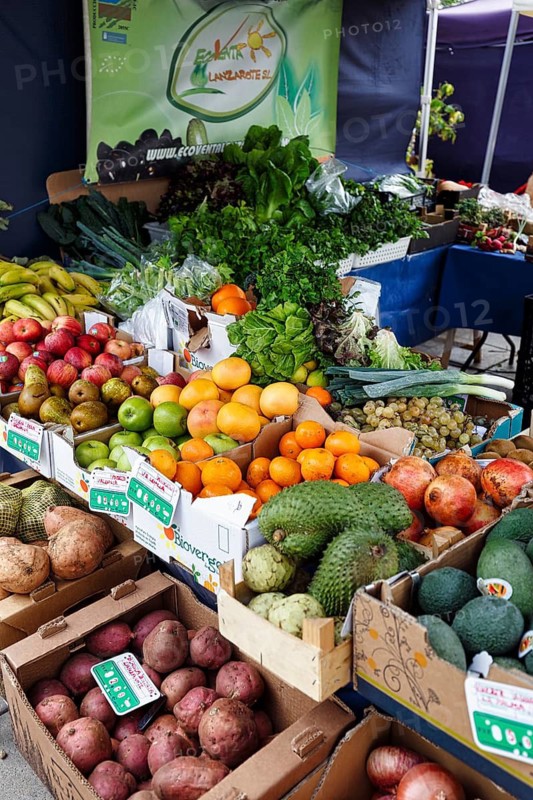 Fresh fruit and vegetables, market stall, weekly market market in Arrecife, Lanzarote, Spain