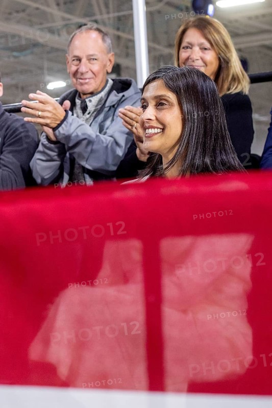 Auburn Hills, Michigan USA - 18 March 2026 - Vice President JD Vance visited EDSI, a manufacturing plant in a Detroit suburb, and spoke to a crowd of supporters. Vance's wife, Usha Vance, listens to his speech