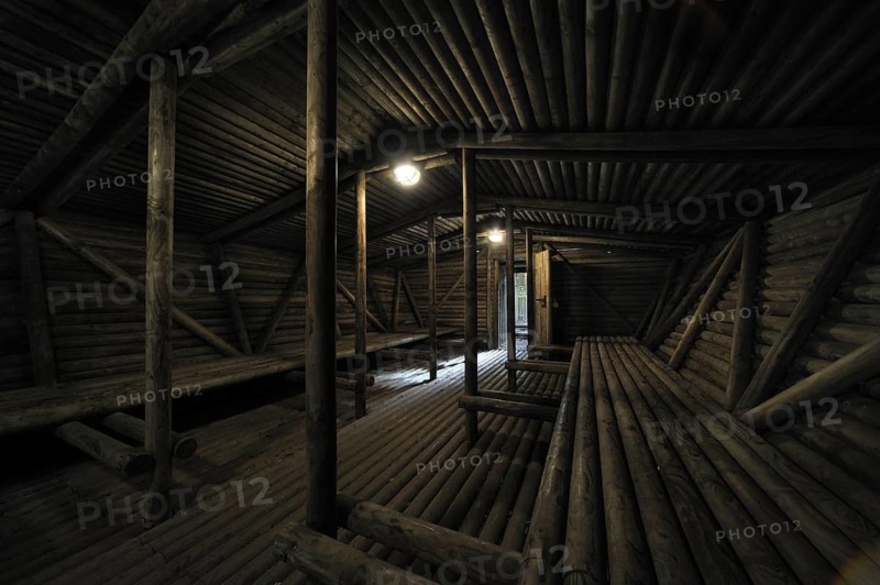 Interior of cagna, hideout of the Belgian resistance fighters, the maquisards, at the Wolfsschlucht I, Grand Quartier Général Allemand 1940, open air museum with Adolf Hitler's bunker in the forest at Brûly-de-Pesche, Ardennes, Belgium